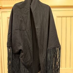 Italian Black Cashmere Leather Fringe Shawl Poncho
